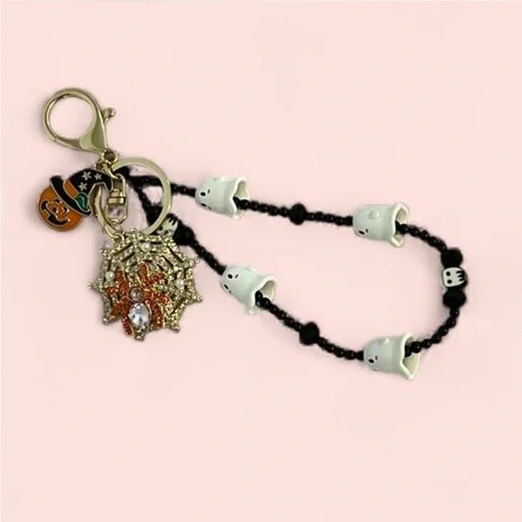 Crystal Spiderweb w/ Ghost Beaded Keychain purse charm - Picture 2 of 2